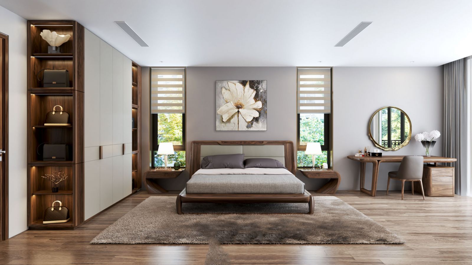 Nội thất phòng ngủ gỗ sồi tự nhiên thiết kế hiện đại thông minh