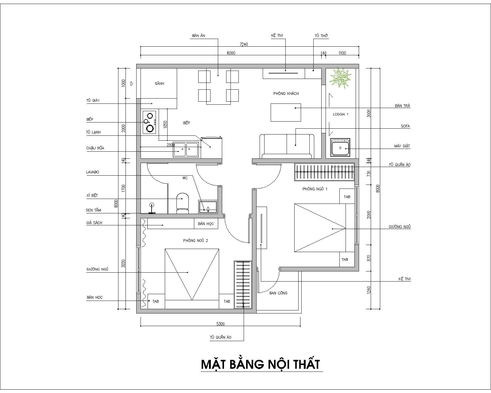 Mẫu thiết kế nội thất căn hộ chung cư 54m2 1-2 phòng ngủ đẹp