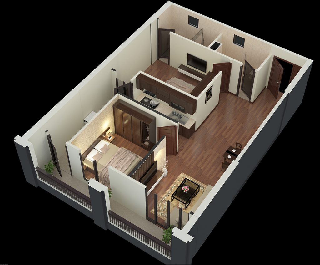 Mẫu thiết kế nội thất căn hộ chung cư 54m2 1-2 phòng ngủ đẹp