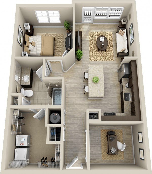 Thiết kế nội thất chung cư 65m2 1-2 phòng ngủ đẹp, tiện nghi