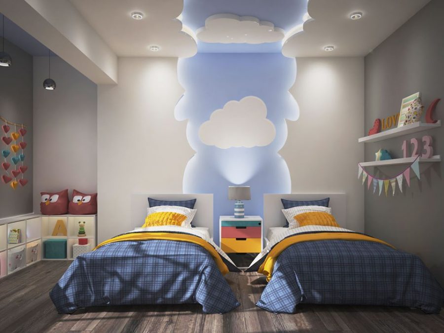 Trần thạch cao phòng ngủ bé trai đẹp được thiết kế với gam màu xanh pastel và hình ảnh siêu nhân, tàu vũ trụ, đáp ứng nhu cầu của bé yêu về không gian giải trí và học tập dưới ánh sáng ấm áp của đèn led. Với chi phí tiết kiệm, bạn hoàn toàn có thể tạo nên một không gian riêng cho con trai.